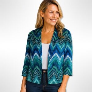 Chico's Chevron Open Front Blazer size XL ( Chico’s size 3) Black Blue Ikat